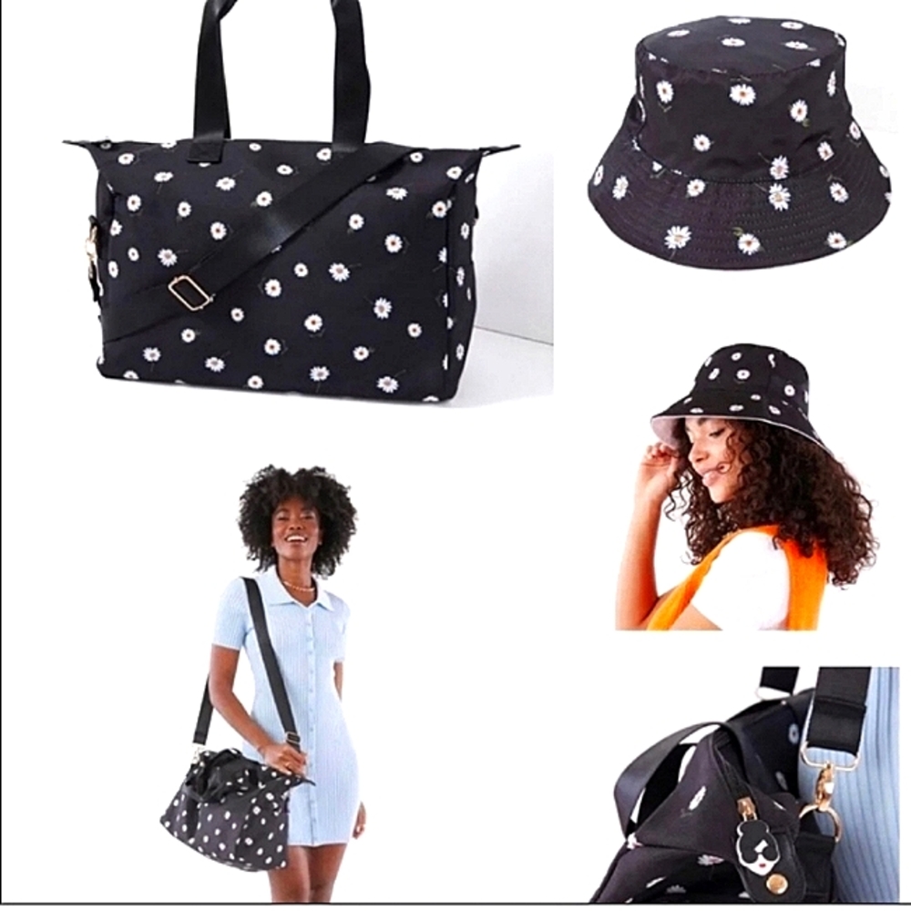SOLD 🆕Alice and Olivia Black Daisy Duffle Bag and Reversible Bucket Hat